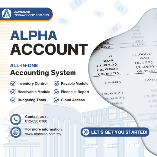 AlphaAccount Poster All in one accounting system, Alpha accounting system, inventory control, payable, receivable, financial report, budgeting tools, SMEs & Startups, business owner, finance, accountant
