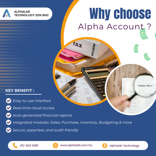 AlphaAccount Poster All in one accounting system, Alpha accounting system, inventory control, payable, receivable, financial report, budgeting tools, SMEs & Startups, business owner, finance, accountant